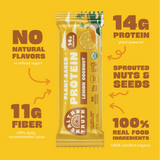 Promotional graphic featuring a Lemon Coconut Healthy Truth protein bar surrounded by bold text highlighting product benefits: 14g plant-powered protein, 11g fiber, no natural flavors or refined sugars, sprouted nuts and seeds, and 100% real food ingredients. USDA Organic and Gluten-Free Certified labels are also visible.