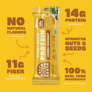 Promotional graphic featuring a Lemon Coconut Healthy Truth protein bar surrounded by bold text highlighting product benefits: 14g plant-powered protein, 11g fiber, no natural flavors or refined sugars, sprouted nuts and seeds, and 100% real food ingredients. USDA Organic and Gluten-Free Certified labels are also visible.
