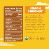Lemon Coconut protein bar nutrition facts and ingredients label, showing 200 calories, 14g protein, and organic ingredients such as sprouted cashews, pea protein powder, and lemon juice powder.