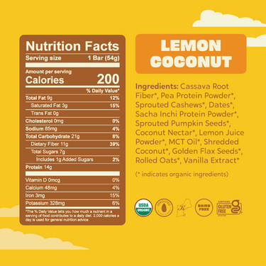Lemon Coconut protein bar nutrition facts and ingredients label, showing 200 calories, 14g protein, and organic ingredients such as sprouted cashews, pea protein powder, and lemon juice powder.