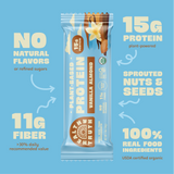 Promotional image of Healthy Truth Vanilla Almond Plant-Based Protein bar on a light blue background. Highlights include 15g protein, 11g fiber, sprouted nuts and seeds, no natural flavors, and 100% real food ingredients with USDA Organic certification.