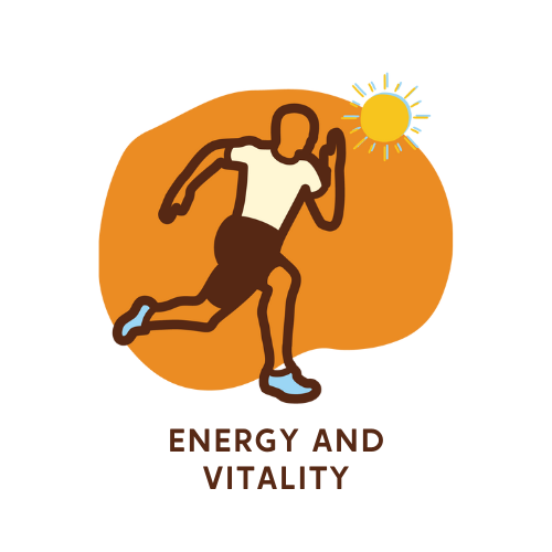 Illustration of a person running with a sun shining in the background, set against an orange abstract shape. Below the image, the words “ENERGY AND VITALITY” are written in bold, brown text.