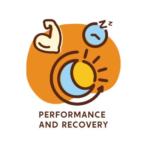 con showing symbols of a crescent moon and sun, a clock with sleep “Z” marks, and a flexed arm muscle—representing rest, time, and strength. These are overlaid on an orange background shape. Below, the text reads “PERFORMANCE AND RECOVERY” in bold, brown letters.