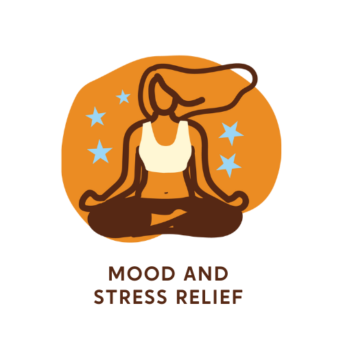 Illustration of a woman meditating with stars around her and the words "MOOD AND STRESS RELIEF".