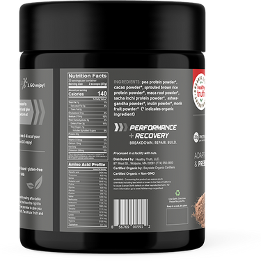 Back label of Go Pro Cacao Protein Blend showing nutrition facts, ingredient list, amino acid profile, and certification details