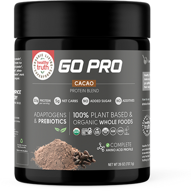 Front label of Healthy Truth Go Pro Cacao Protein Blend, highlighting 22g protein, 5g net carbs, no added sugar, plant-based and organic ingredients.