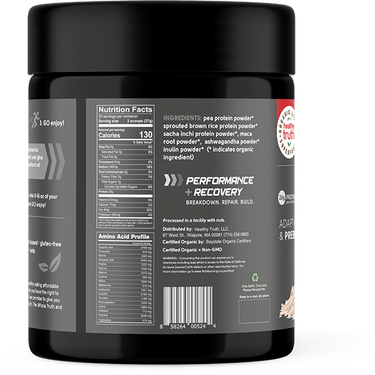 Back label of Healthy Truth Go Pro Unflavored Protein Blend showing nutrition facts, ingredients, and amino acid profile.
