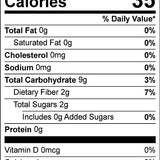 Nutrition facts label showing 30 servings per container with 35 calories per serving and 0g protein