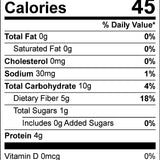 Nutrition Facts label for a dietary supplement showing 30 servings per container, 15g per serving, 45 calories per serving, with 0g total fat, 10g total carbohydrates, 5g dietary fiber, 1g total sugars, 4g protein, and various vitamins and minerals.