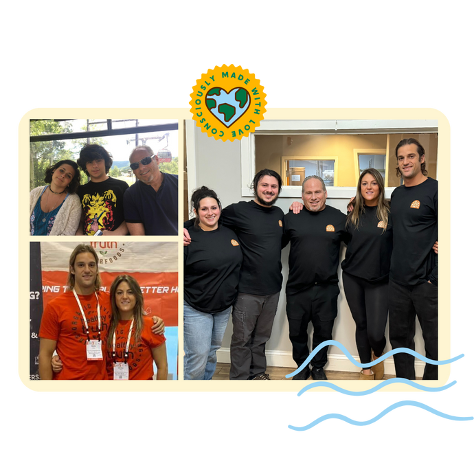 A collage of three photos showing the Healthy Truth team and family:
The top-left photo shows a casual outdoor moment with the Namenson family smiling and leaning into each other.
The bottom-left photo captures Nicole and Mark at a trade show or expo wearing branded orange shirts and badges.
The larger right photo shows five team members in matching black Healthy Truth shirts, standing indoors with arms around each other, smiling warmly.
At the top center is the "Consciously Made wit
