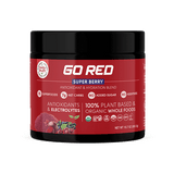 Front label container 'GO RED Super Berry Antioxidant & Hydration Blend' by Healthy Truth. Highlights include 15 superfoods, 7g net carbs, no added sugar, and no additives. Promotes antioxidants, electrolytes, and 100% plant-based organic whole foods. Container net weight is 10.7 oz (303.9g).