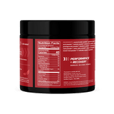 Back label of GO RED Super Berry container showing Nutrition Facts and ingredients list. Each 10g scoop contains 40 calories, 0g fat, 9g carbs, 1g fiber, 2g sugar, 0g protein, and includes Vitamin C, Calcium, Iron, and Potassium. Ingredients include coconut water powder, goji berry, acai, baobab, and more. Includes branding for performance, recovery, and hydration.