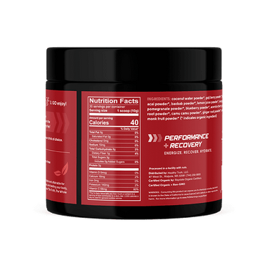 Back label of GO RED Super Berry container showing Nutrition Facts and ingredients list. Each 10g scoop contains 40 calories, 0g fat, 9g carbs, 1g fiber, 2g sugar, 0g protein, and includes Vitamin C, Calcium, Iron, and Potassium. Ingredients include coconut water powder, goji berry, acai, baobab, and more. Includes branding for performance, recovery, and hydration.