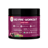 Front label of Healthy Truth Go Pre-Workout Sweet Beet, highlighting plant-based, organic ingredients, and key benefits like sustained energy and adaptogens