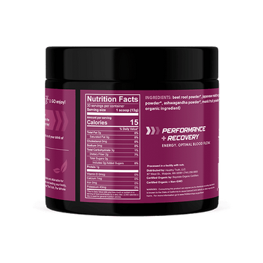 Back of the Go Pre-Workout Sweet Beet container showing nutrition facts, ingredients list, and product benefits like performance and recovery.