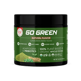 15.5oz Container of Healthy Truth Go Green Natural Flavor Supergreen Energy Blend, labeled with benefits such as adaptogens, prebiotics, 100% plant-based, organic, no added sugar, and 15 superfoods.