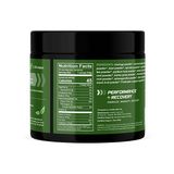 "Back label of a Healthy Truth Go Green Natural Flavor Supergreen Energy Blend container. It features a green background with white and yellow text, showing nutrition facts and ingredients. The label indicates each 15g scoop contains 45 calories, 10g of carbs, 4g fiber, 1g sugar, 2g protein, and lists superfood ingredients including moringa, spirulina, matcha, beet powder, and ashwagandha. The product is labeled organic, non-GMO, plant-based, and processed in a facility with nuts. Promotes energy, immunity,