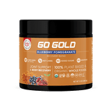 Front view of a Go Gold Blueberry Pomegranate recovery blend container labeled with joint support and body recovery benefits.