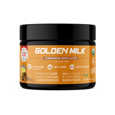 Container of "Golden Milk" by Healthy Truth. Labeled as caffeine-free with "500 mg curcumin per serving," "2g net carbs," "no added sugar," and featuring benefits such as sleep support, recovery, and digestion.