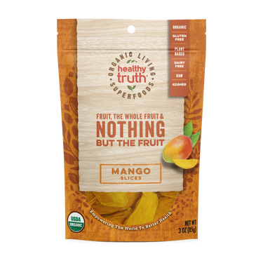 Front view of a Healthy Truth mango slices resealable 3oz package labeled 'Fruit, the whole fruit & nothing but the fruit,' featuring organic, gluten-free, plant-based, dairy-free, raw, and kosher certifications. The bag shows an image of sliced mango and has a USDA Organic seal.