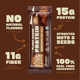 Promotional graphic featuring a Healthy Truth Chocolate Sea Salt plant-based protein bar in the center, surrounded by nutritional highlights on a brown background: 15g protein, 11g fiber, no natural flavors or refined sugars, sprouted nuts and seeds, and 100% real food ingredients. USDA certified organic and gluten-free.