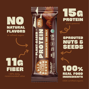 Promotional graphic featuring a Healthy Truth Chocolate Sea Salt plant-based protein bar in the center, surrounded by nutritional highlights on a brown background: 15g protein, 11g fiber, no natural flavors or refined sugars, sprouted nuts and seeds, and 100% real food ingredients. USDA certified organic and gluten-free.