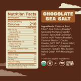 Nutrition label and ingredients list for Healthy Truth Chocolate Sea Salt protein bar. The label shows 210 calories per 54g bar, with 15g protein, 11g dietary fiber, and 10g total fat. Ingredients include organic cassava root fiber, pea protein powder, sprouted seeds and nuts, coconut nectar, cacao nibs, and pink Himalayan salt. Certifications shown: USDA Organic, Sprouted, Dairy Free, Gluten Free.