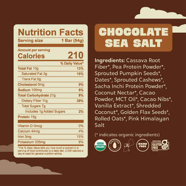 Nutrition label and ingredients list for Healthy Truth Chocolate Sea Salt protein bar. The label shows 210 calories per 54g bar, with 15g protein, 11g dietary fiber, and 10g total fat. Ingredients include organic cassava root fiber, pea protein powder, sprouted seeds and nuts, coconut nectar, cacao nibs, and pink Himalayan salt. Certifications shown: USDA Organic, Sprouted, Dairy Free, Gluten Free.