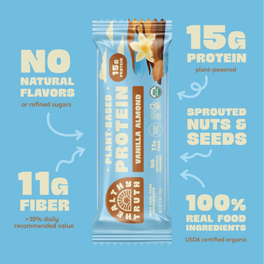 Promotional image of Healthy Truth Vanilla Almond Plant-Based Protein bar on a light blue background. Highlights include 15g protein, 11g fiber, sprouted nuts and seeds, no natural flavors, and 100% real food ingredients with USDA Organic certification.
