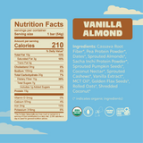 Nutrition facts and ingredients label for Healthy Truth Vanilla Almond Plant-Based Protein Bar. Contains 210 calories, 15g protein, 11g fiber, and 7g total sugars per 54g serving. Ingredients include organic cassava root fiber, pea protein, dates, sprouted almonds, sacha inchi protein, sprouted seeds, coconut nectar, and more. USDA Organic, gluten-free, and dairy-free certified.