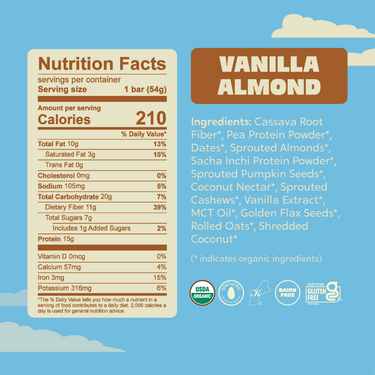 Nutrition facts and ingredients label for Healthy Truth Vanilla Almond Plant-Based Protein Bar. Contains 210 calories, 15g protein, 11g fiber, and 7g total sugars per 54g serving. Ingredients include organic cassava root fiber, pea protein, dates, sprouted almonds, sacha inchi protein, sprouted seeds, coconut nectar, and more. USDA Organic, gluten-free, and dairy-free certified.
