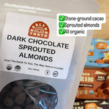 Package of dark chocolate sprouted almonds with a visible brand label on a table.