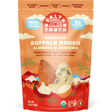 Package of 'The Health Truth' sprouted buffalo ranch almonds and cashews on a white background