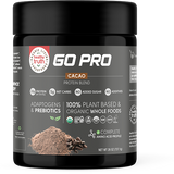 Front label of Healthy Truth Go Pro Cacao Protein Blend, highlighting 22g protein, 5g net carbs, no added sugar, plant-based and organic ingredients.