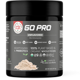 Front label of Healthy Truth Go Pro Unflavored Protein Blend featuring product name, nutritional highlights, and plant-based certifications