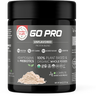Front label of Healthy Truth Go Pro Unflavored Protein Blend featuring product name, nutritional highlights, and plant-based certifications