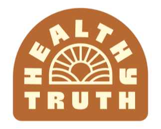 A logo with the words “HEALTHY TRUTH” in bold, cream-colored letters arranged around a rising sun graphic on a warm brown, arch-shaped background.