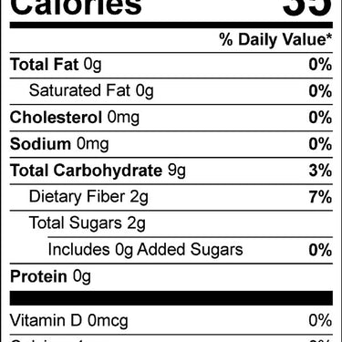 Nutrition facts label showing 30 servings per container with 35 calories per serving and 0g protein