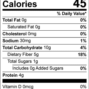 Nutrition Facts label for a dietary supplement showing 30 servings per container, 15g per serving, 45 calories per serving, with 0g total fat, 10g total carbohydrates, 5g dietary fiber, 1g total sugars, 4g protein, and various vitamins and minerals.