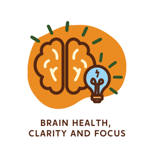 Icon depicting an illustrated brain and lightbulb with the words "BRAIN HEALTH, CLARITY, AND FOCUS" In brown letters  
