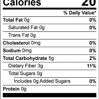 Black-and-white Nutrition Facts label with a serving size of 6g and 30 servings per container. Contains 20 calories, 0g fat, 5g carbohydrates (3g fiber), 0g protein, and small amounts of calcium, iron, and potassium