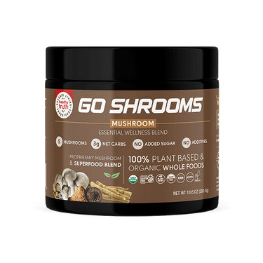 Go Shrooms Mushroom" superfood blend by Healthy Truth. The label is brown with white text and features highlights such as "5 Mushrooms," "3g Net Carbs," "No Added Sugar," and "No Additives." The product is labeled "Proprietary Mushroom & Superfood Blend" and "100% Plant-Based & Organic Whole Foods." Images of mushrooms and roots are visible, along with certification icons including USDA Organic and Non-GMO.