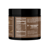Go Shrooms Mushroom" container. Shows a nutrition facts panel and ingredients such as chaga, reishi, lion’s mane, cordyceps, and ashwagandha. A "Performance + Recovery" section states "Immunity. Focus. Energy." Manufacturer and certification details appear at the bottom.