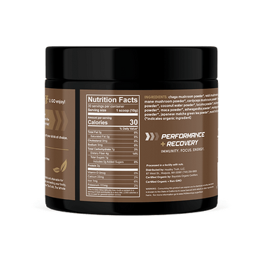 Go Shrooms Mushroom" container. Shows a nutrition facts panel and ingredients such as chaga, reishi, lion’s mane, cordyceps, and ashwagandha. A "Performance + Recovery" section states "Immunity. Focus. Energy." Manufacturer and certification details appear at the bottom.