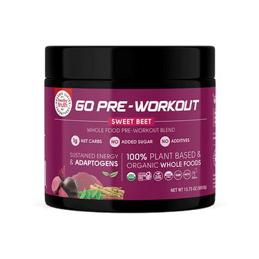 Front label of Healthy Truth Go Pre-Workout Sweet Beet, highlighting plant-based, organic ingredients, and key benefits like sustained energy and adaptogens