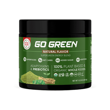 15.5oz Container of Healthy Truth Go Green Natural Flavor Supergreen Energy Blend, labeled with benefits such as adaptogens, prebiotics, 100% plant-based, organic, no added sugar, and 15 superfoods.