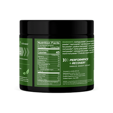 "Back label of a Healthy Truth Go Green Natural Flavor Supergreen Energy Blend container. It features a green background with white and yellow text, showing nutrition facts and ingredients. The label indicates each 15g scoop contains 45 calories, 10g of carbs, 4g fiber, 1g sugar, 2g protein, and lists superfood ingredients including moringa, spirulina, matcha, beet powder, and ashwagandha. The product is labeled organic, non-GMO, plant-based, and processed in a facility with nuts. Promotes energy, immunity,