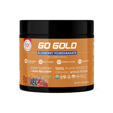 Front view of a Go Gold Blueberry Pomegranate recovery blend container labeled with joint support and body recovery benefits.