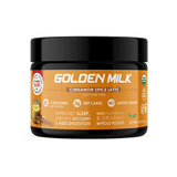 Container of "Golden Milk" by Healthy Truth. Labeled as caffeine-free with "500 mg curcumin per serving," "2g net carbs," "no added sugar," and featuring benefits such as sleep support, recovery, and digestion. 