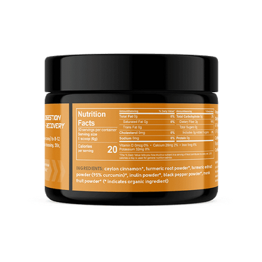The back of the "Golden Milk" container includes a detailed nutrition facts panel and ingredient list. Each 6g serving has 20 calories, 5g total carbs, and 3g dietary fiber. Ingredients include organic cinnamon, turmeric root powder, turmeric extract, inulin, black pepper, and monk fruit.